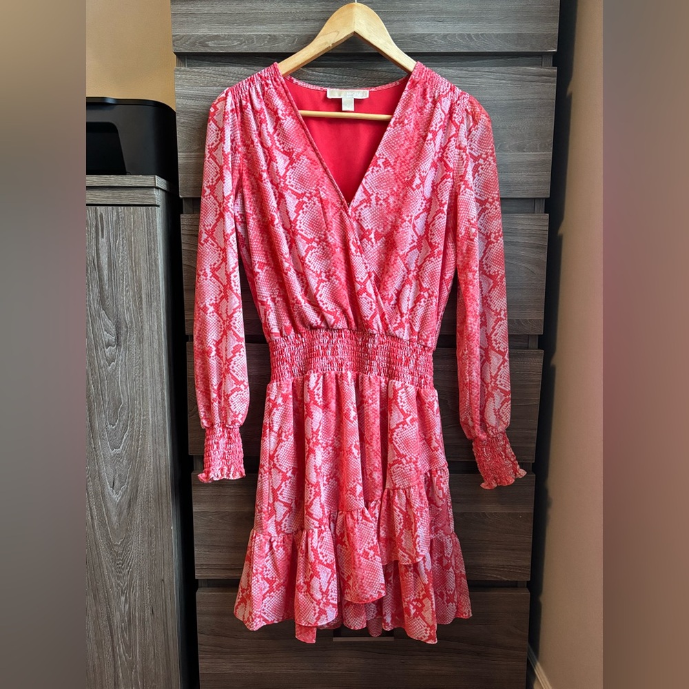 Michael Kors Coral Python Snake Print Long Sleeves Ruffle Georgette Dres…